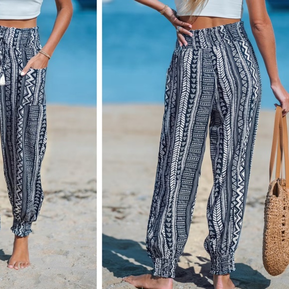 Boho Tapered Smocked Lace Up Pants CUPSHE Size XL - Picture 2 of 6